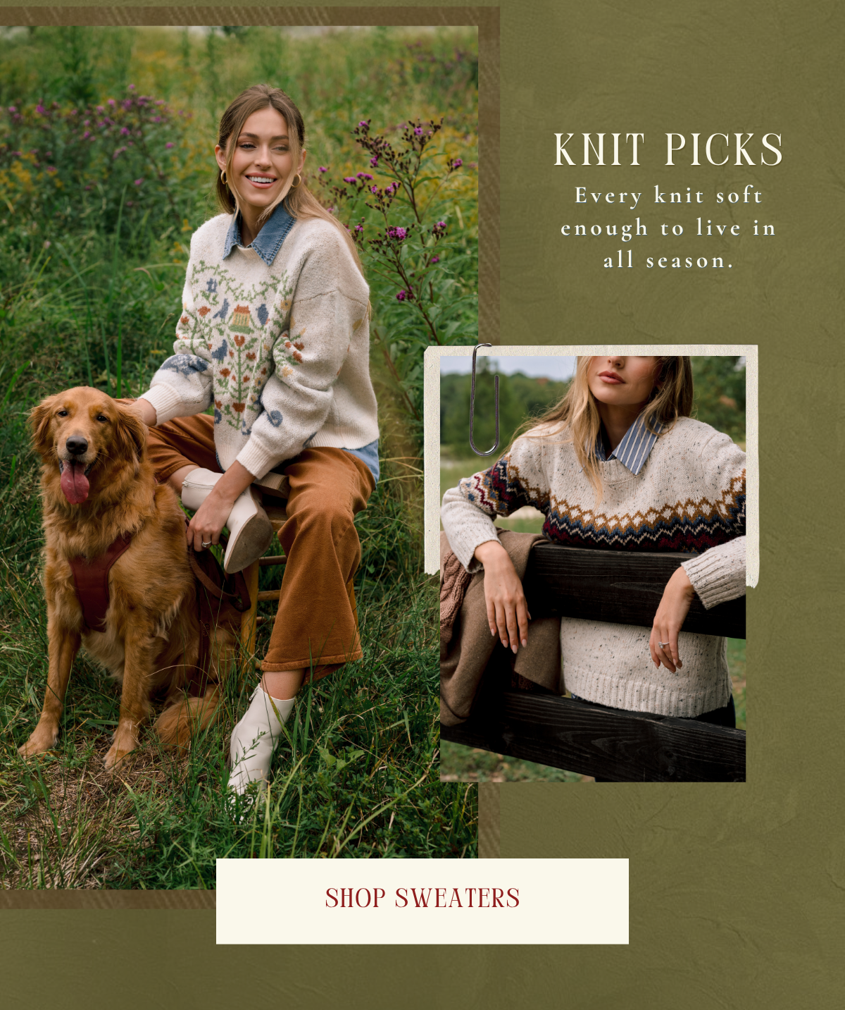 'Knit picks. Shop sweaters.'