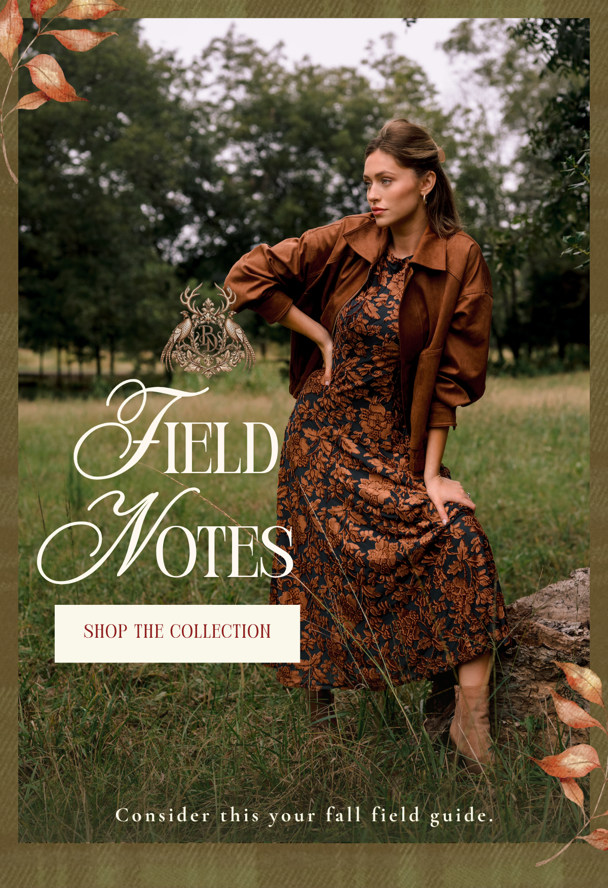 'Field Notes. Shop the Collection.' Model wearing a green & copper floral midi dress. 
